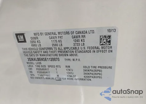 2014 Chevrolet Equinox 1Lt z USA, uszkodzony, nr VIN 2GNALBEK5E1128870